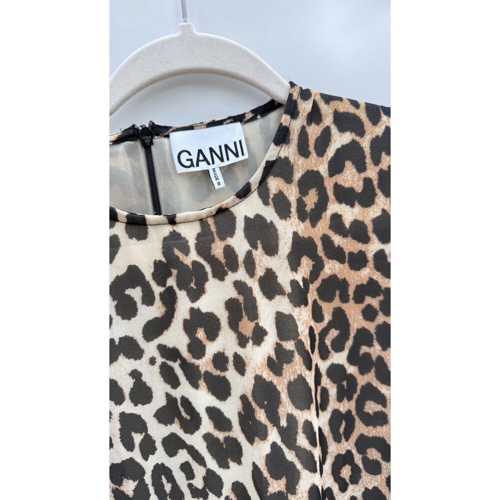GANNI Leopard Print Babydoll Dress Size 38 Sz 6 Puff Sleeve Pleated Sheer Lined - Picture 3 of 10